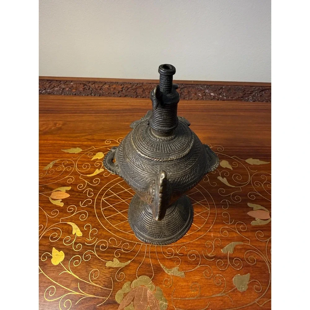 Antique‎ Indian Peacock Oil Lamp, Hand Cast Dhokra Brass Vessel
